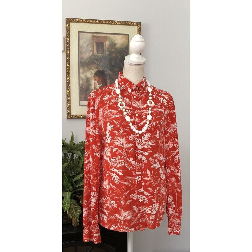 H&M US CA Women Petite Small Vintage Hawaiian Orange Print Bottom Up Shirt